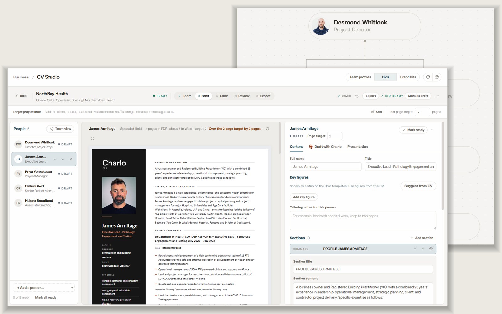 CV Studio bid team with the team org chart behind