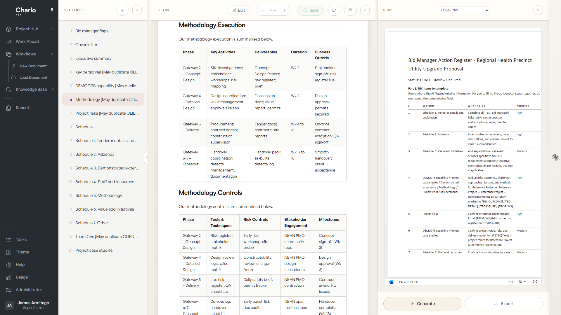 Markdown editor with Word export panel