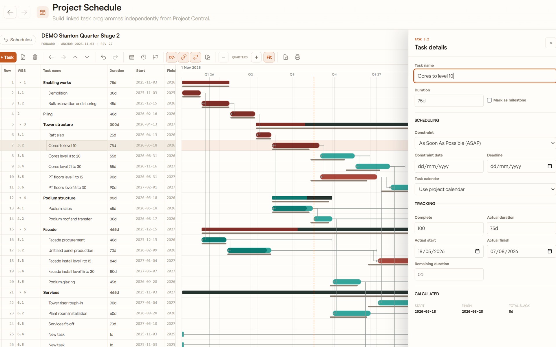 Project Schedule with task details